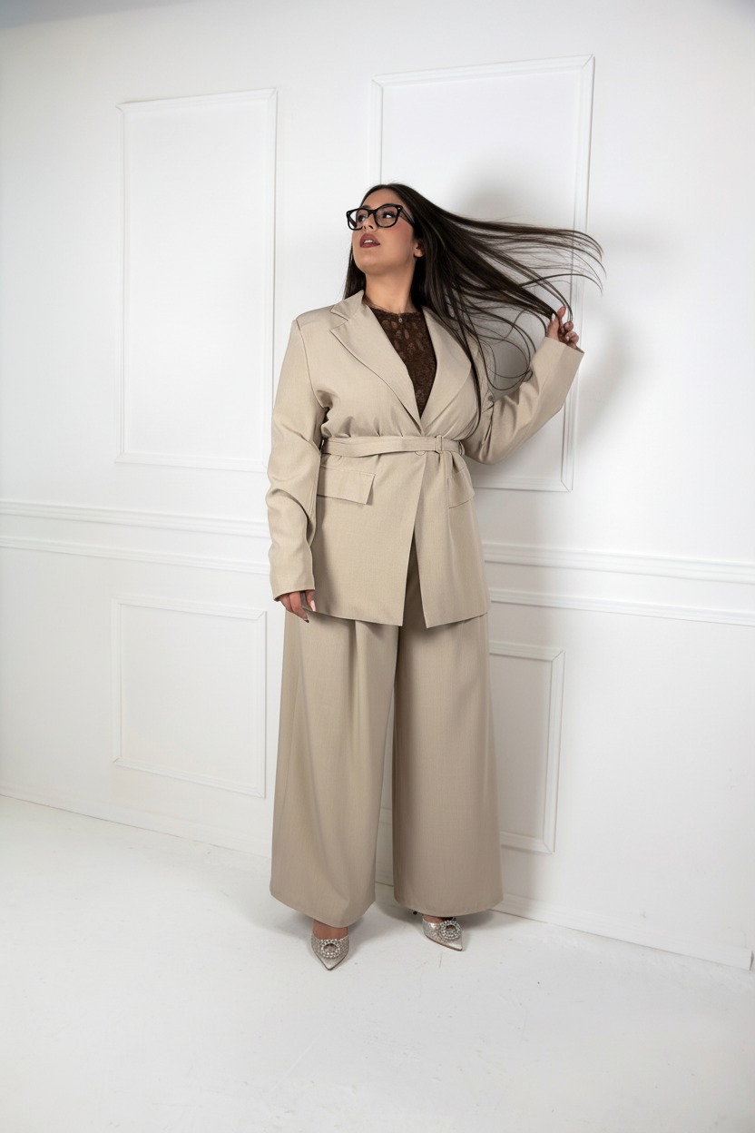 Completo beige blazer con cintura - posa dinamica