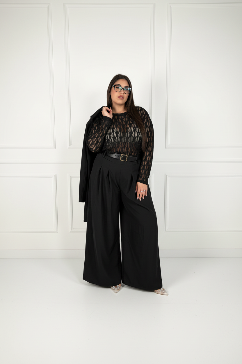 Completo nero lace + pantaloni wide-leg + cappotto