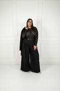 Completo nero lace + pantaloni wide-leg + cappotto
