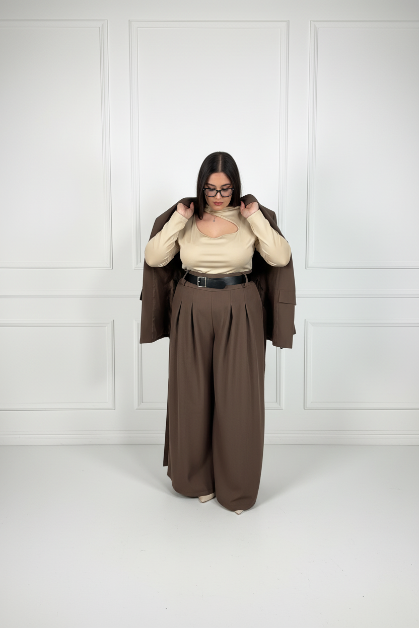 Turtleneck beige + pantaloni marrone - full body
